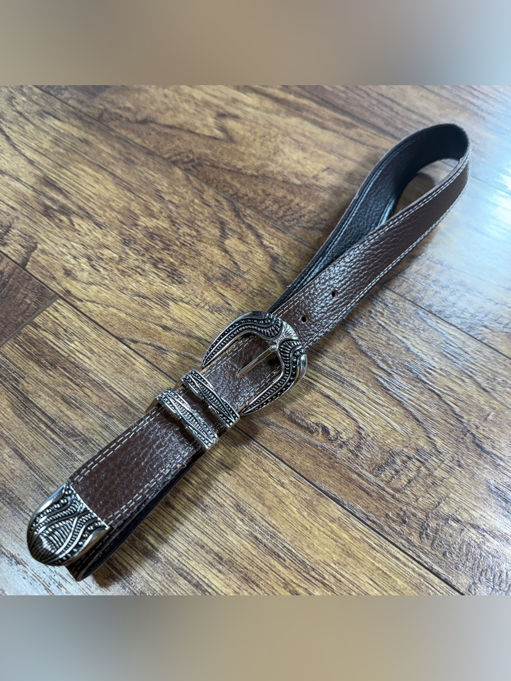 VTG Brown Genuine Bonded Leather Western Belt Silver Buckle Boho Y2K Size M 36